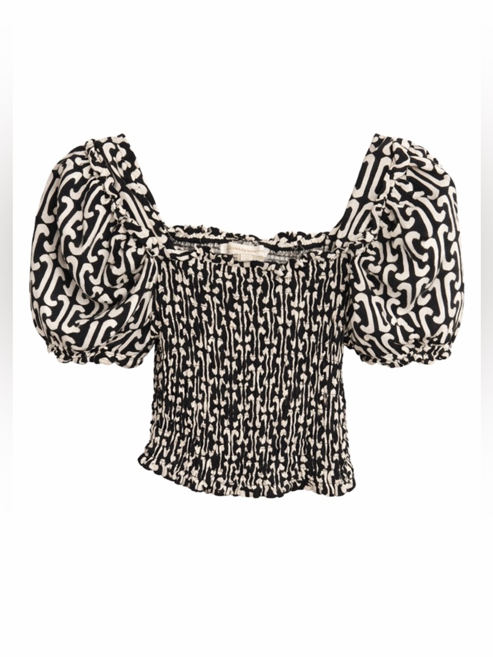 Monteau‎ Smocked Puff Sleeve Crop Top Black White Coquette Cottagecore- Medium